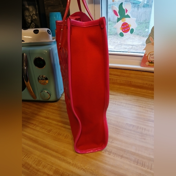 Kate Spade Canvas Patent Floral Tote Red Pink RARE EUC - Picture 5 of 16